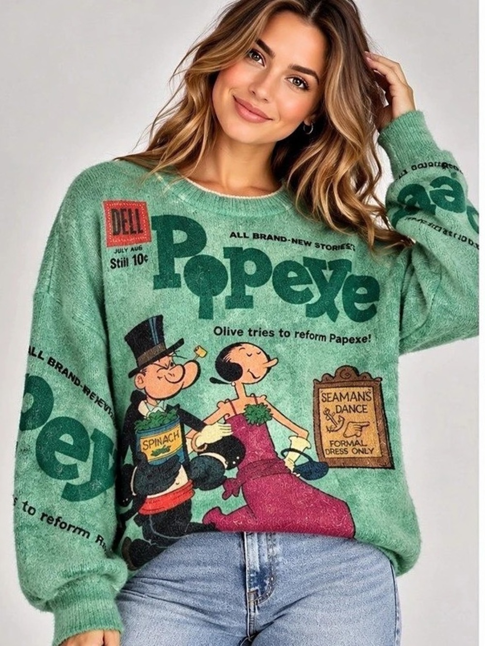 Popeye Olive Oyl Women’s Medium Dell Comic Graphic Sweater Green NWOT